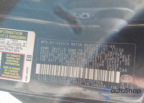 2010 Toyota Corolla Le from USA, damaged, VIN 2T1BU4EE2AC304625